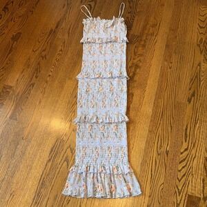 Light Blue Floral Smocked Midi Dress with Ruffle Tiers